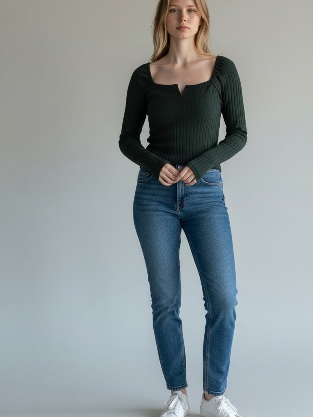 Free People Ribbed V Notch Sweetheart Neckline Long Sleeve Crop Top Green Medium